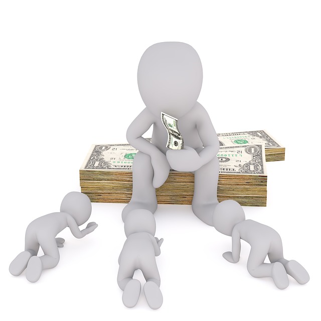 character holding money while 3 other character bow before him